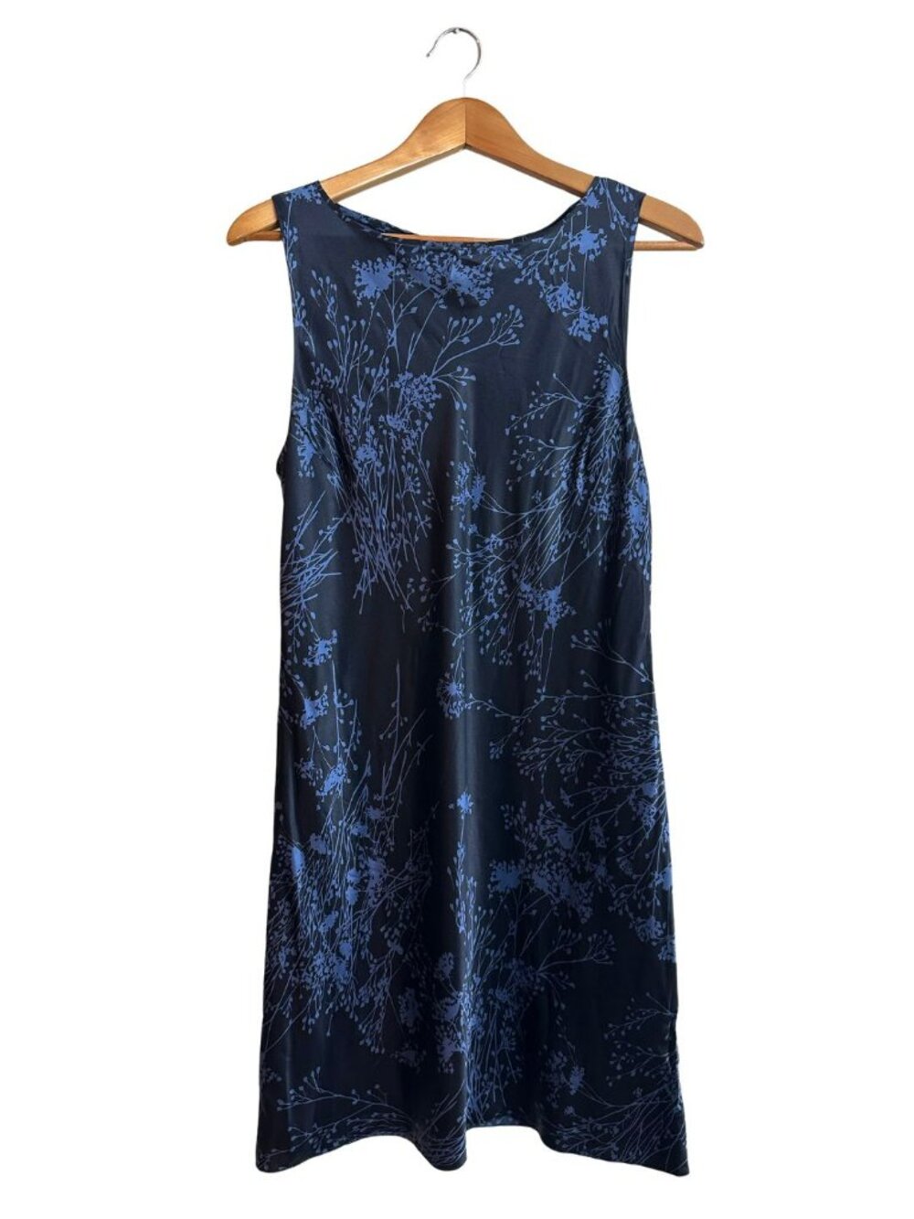 DKNY 100% Silk Navy Blue Botanical Print Sleeveless Dress Size 12 Y2K Vibes
